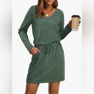 OFEEFAN Green/grey Boho Dress long sleeve Tshirt V Neck Tie Front - size small